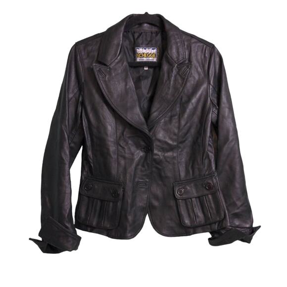 Schegge Womens Blazer Jacket Black Leather Buttons Pockets Half Belt Italy 48 - Picture 1 of 10